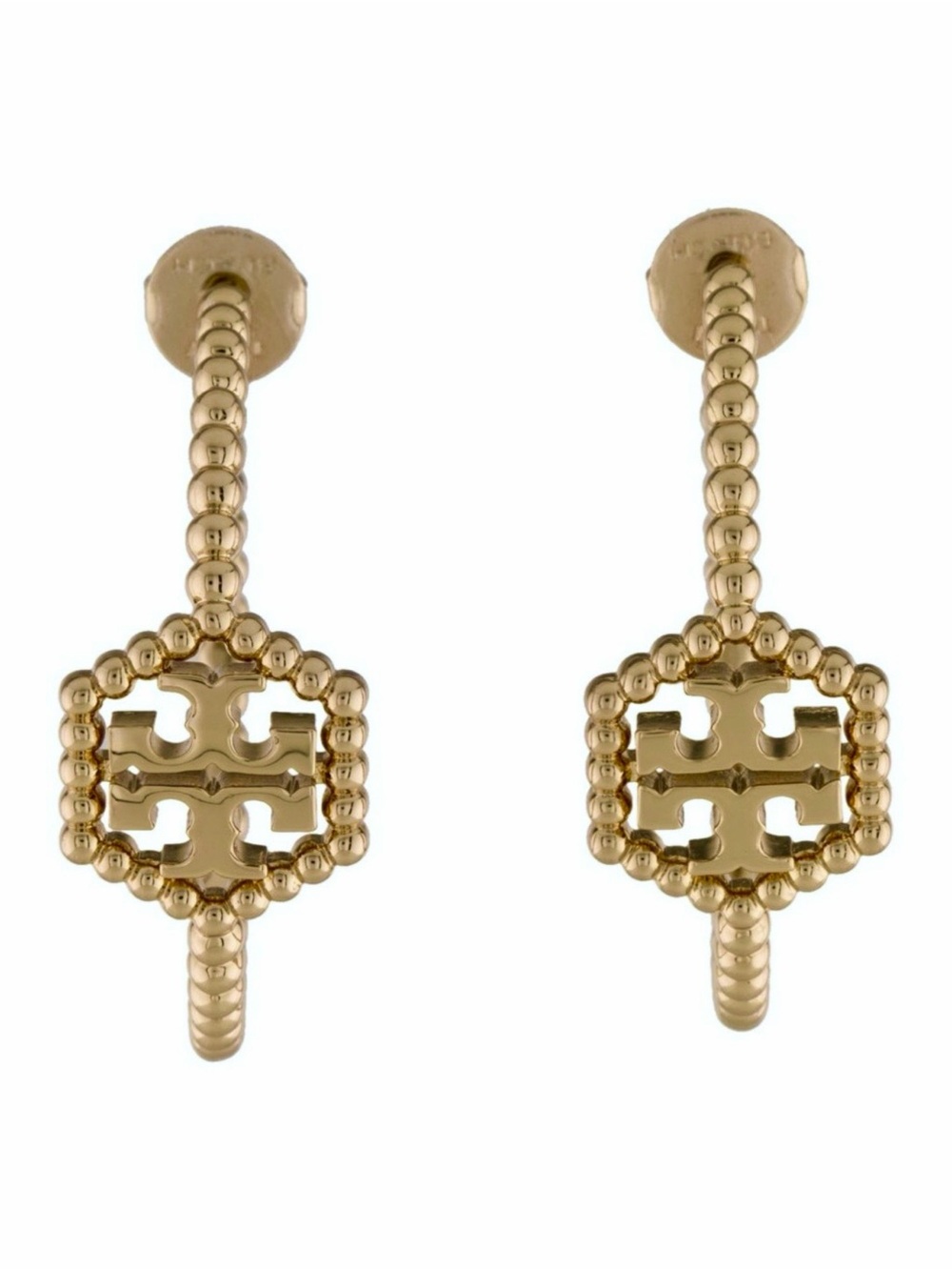 TORY BURCH • Gold Milgrain Hex Hoop Beaded Logo Earrings